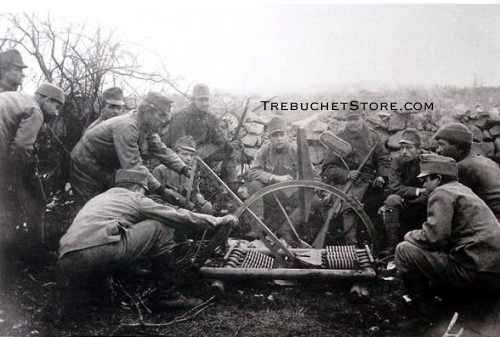 World War I Imperial German Army troops employing a grenade Wurfmaschine, a compound spring catapult with a sling related to the ancient Roman onager.